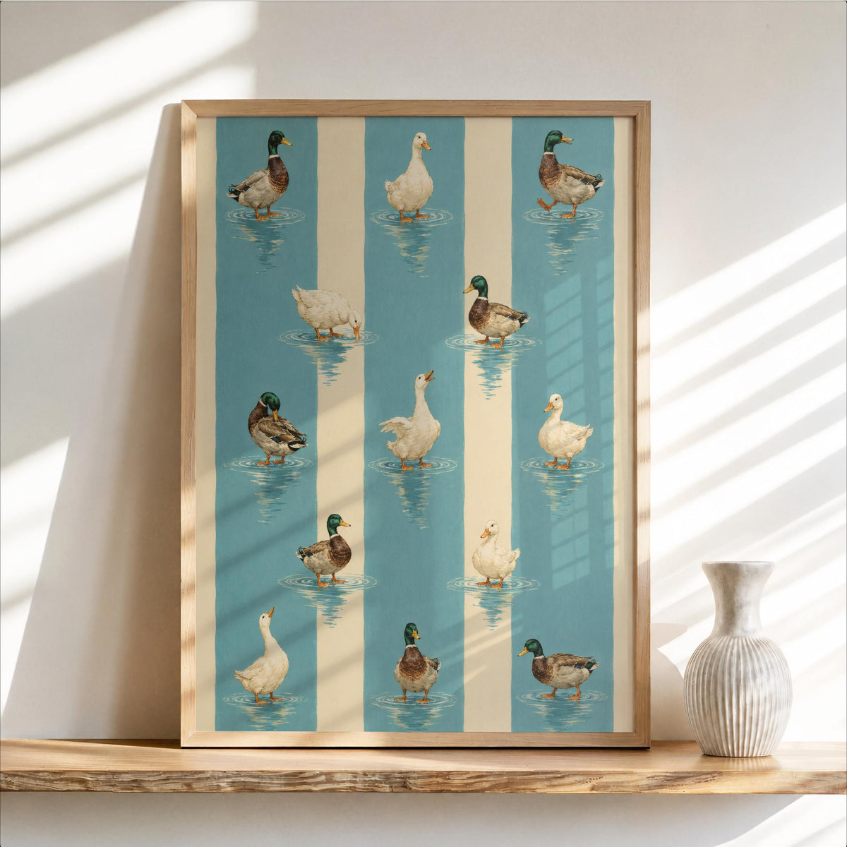 Blue Duck Wall Art, Vintage Striped Mallard Ducks Print, Farmhouse Kitchen Decor, Whimsical River Artwork, Preppy Country Nursery Gift