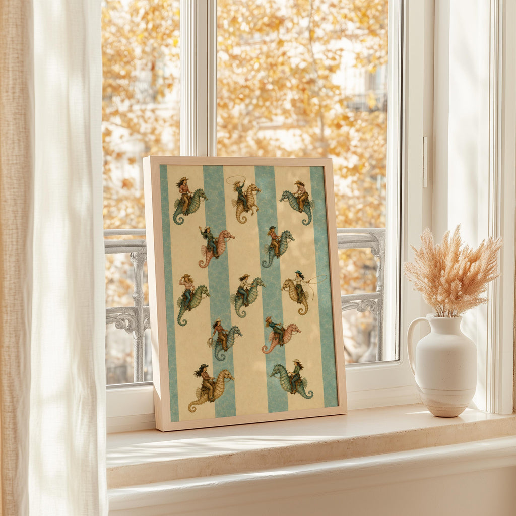 Seahorse wall art framed on a sunny windowsill, autumn leaves outside, cozy coastal western decor display