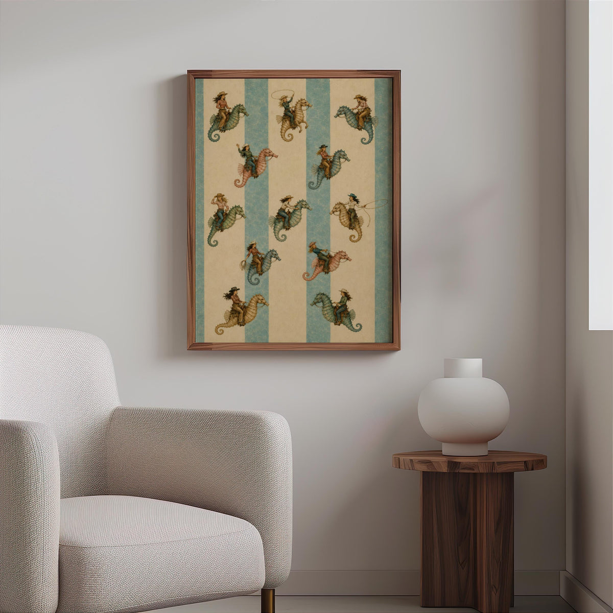 Muted grey seating with framed coastal cowgirl wall art above a side table, nautical cowgirl art in soft tones