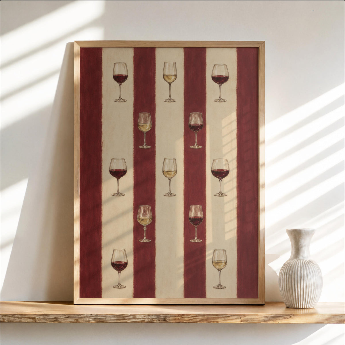 Wine Lover Wall Art, Vintage Drinks Glass Print, Striped Burgundy Bar Decor, Retro French Dining Kitchen Poster, Mid Century Cin Cin