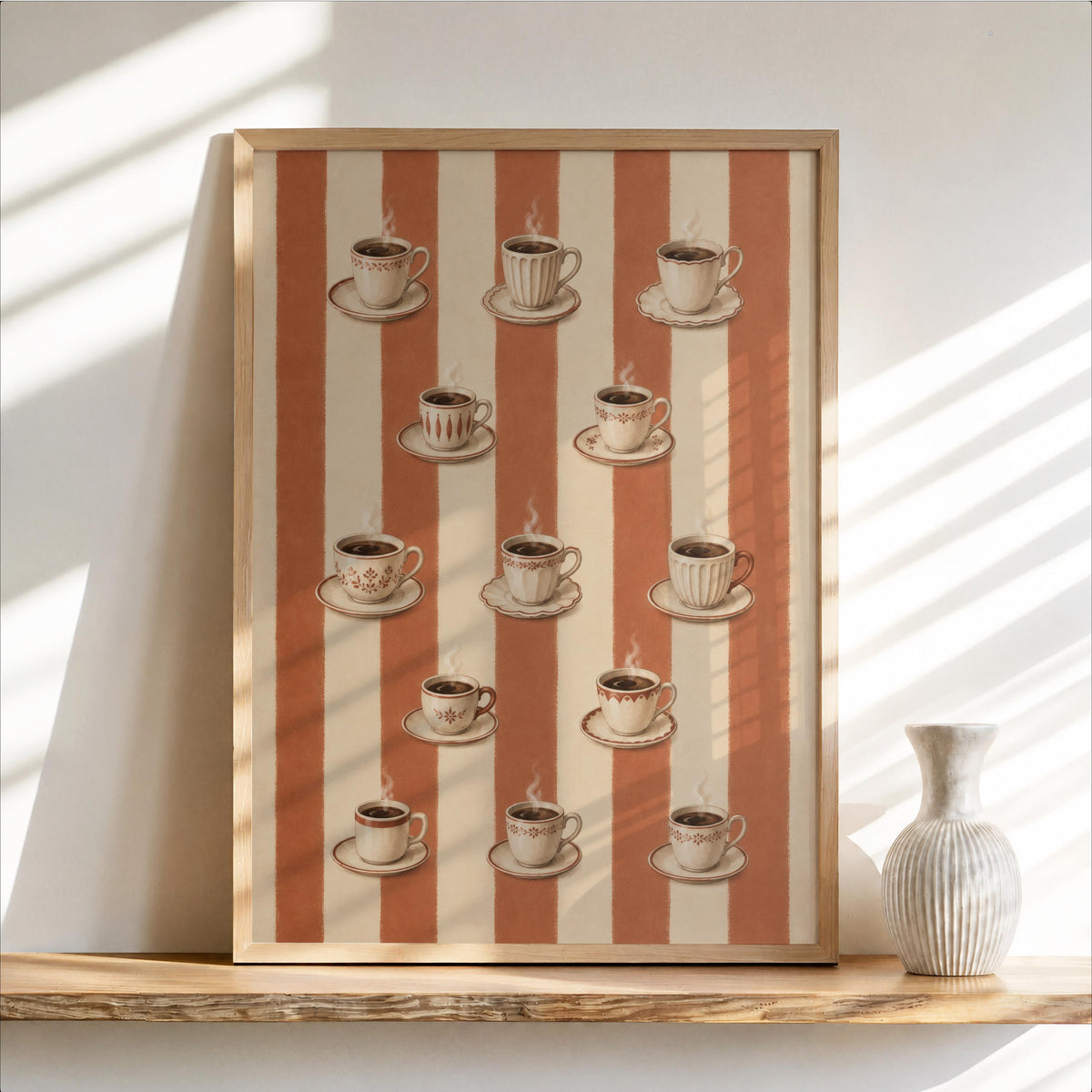 Retro Coffee Print, Vintage Kitchen Wall Art, Tea Cup Poster, Striped Terracotta Dining Decor, French Cafe Style, Coffee Lover Gift