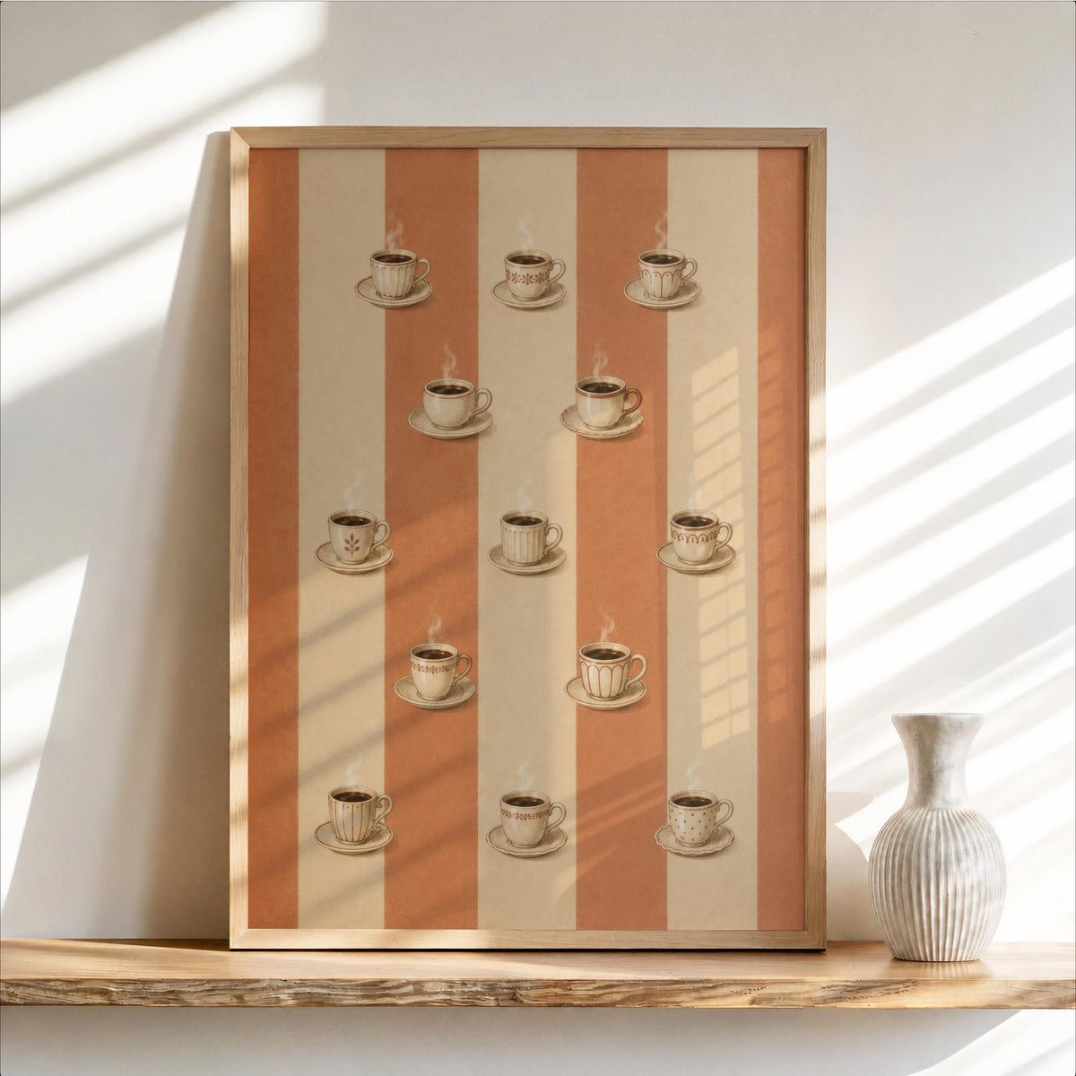 Striped Coffee Wall Art, Retro Kitchen Print, Tea Cup Decor, Vintage Terracotta Dining Poster, French Cafe Style, Coffee Lover Gift