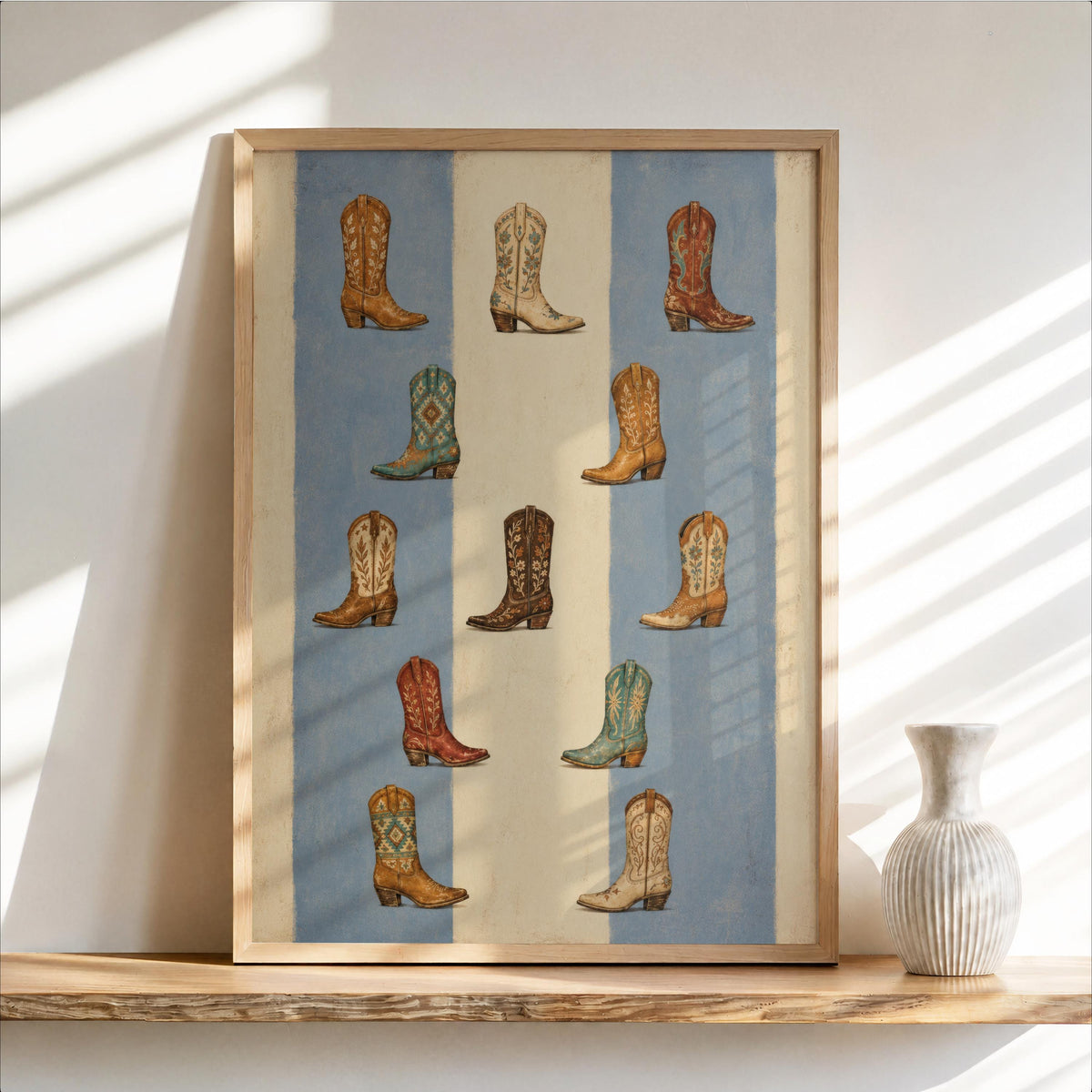 Striped Cowgirl Boots Print, Vintage Cowboy Wall Art, Western Boot Poster, Rustic Old West Decor, Girly Country Ranch Home Decor