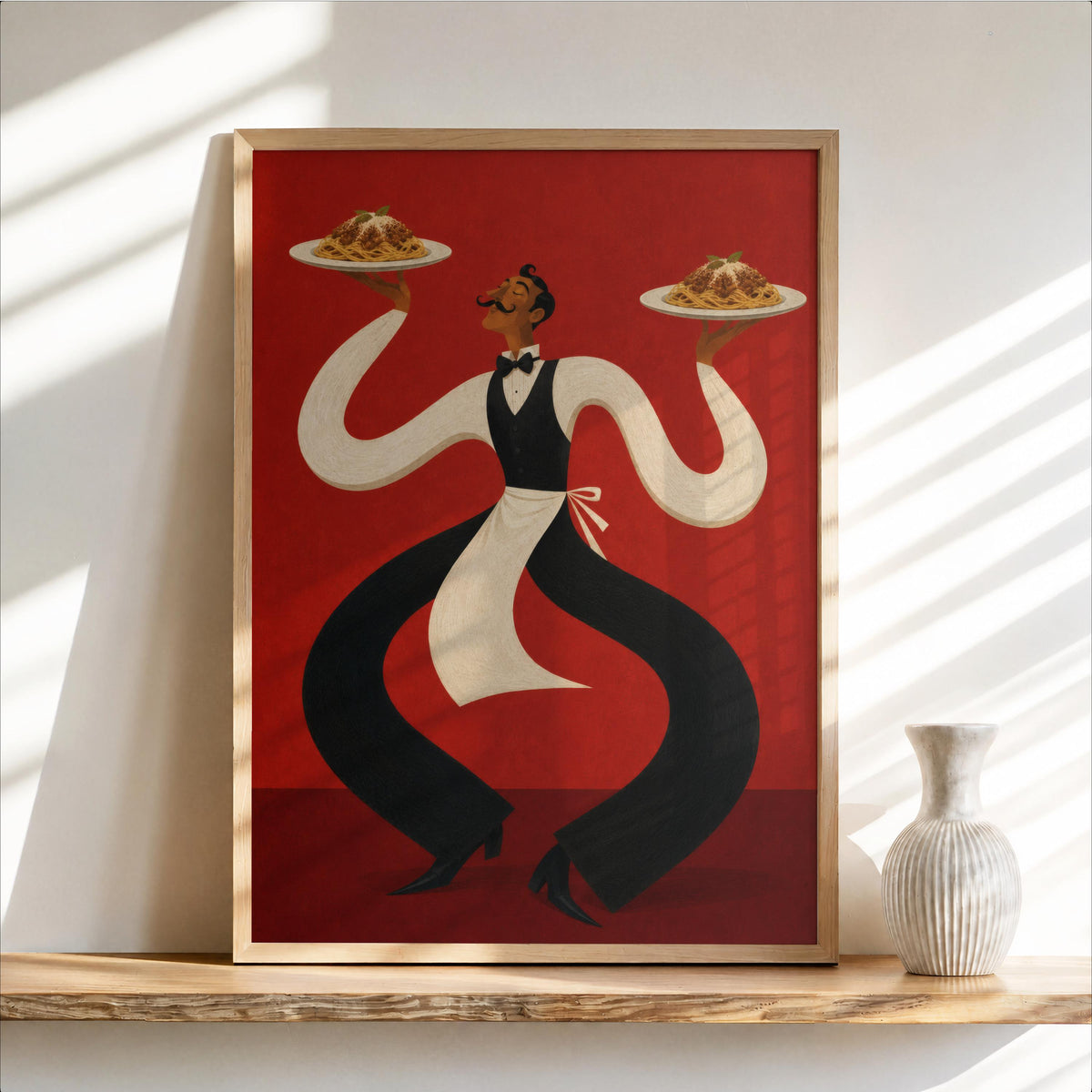 Funny Waiter Wall Art, Vintage Pasta Print, Italian Food Kitchen Decor, Retro Abstract Spaghetti Poster, Surreal Restaurant Foodie Gift