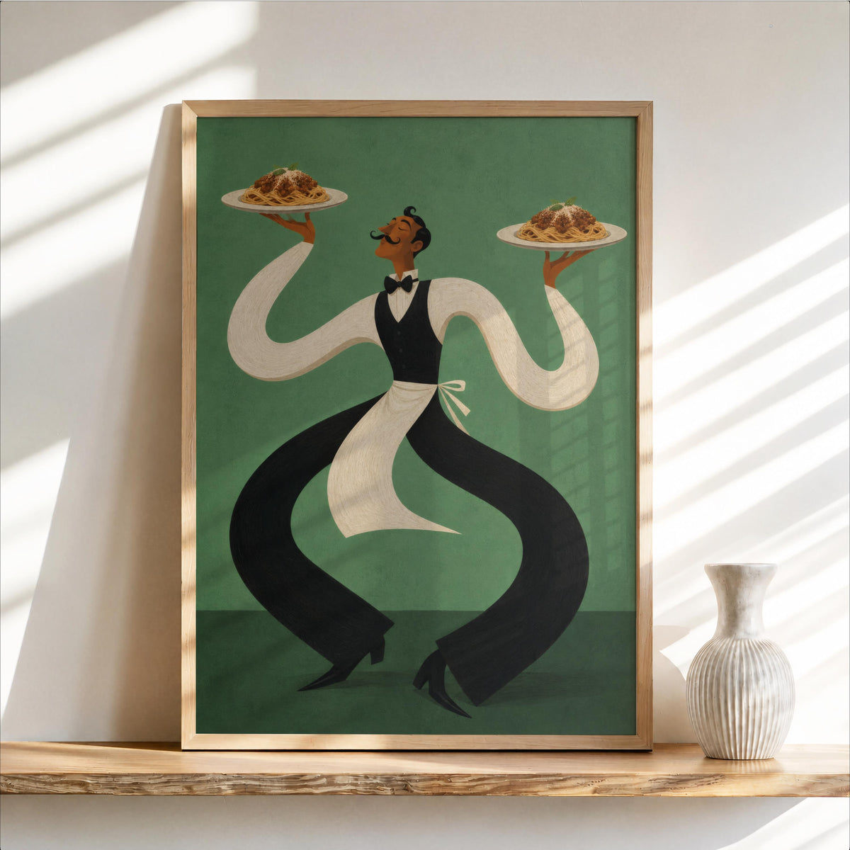 Funny Waiter Wall Art, Vintage Pasta Print, Italian Food Kitchen Decor, Retro Abstract Spaghetti Poster, Surreal Restaurant Foodie Gift