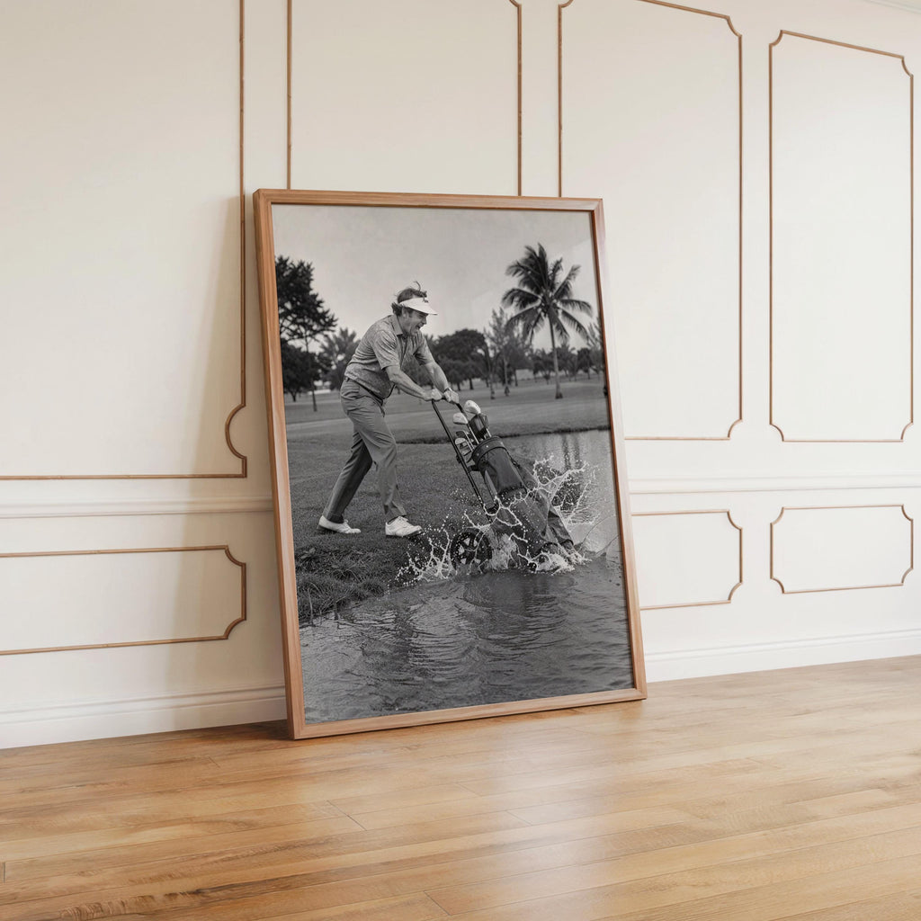 Funny Angry Golfer Art Print, Golf Clubs into Water Pond, Vintage Black and White Photography, Humorous Sports Wall Decor, Man Cave Poster