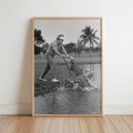 Funny Angry Golfer Art Print, Golf Clubs into Water Pond, Vintage Black and White Photography, Humorous Sports Wall Decor, Man Cave Poster