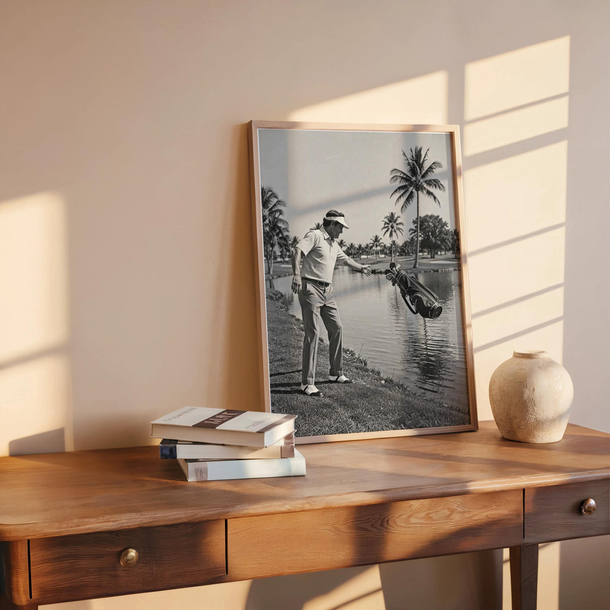 Funny Golf Wall Art Print, Angry Golfer Throwing Clubs into Water Pond, Humorous Black and White Sports Photography, Man Cave Decor Poster