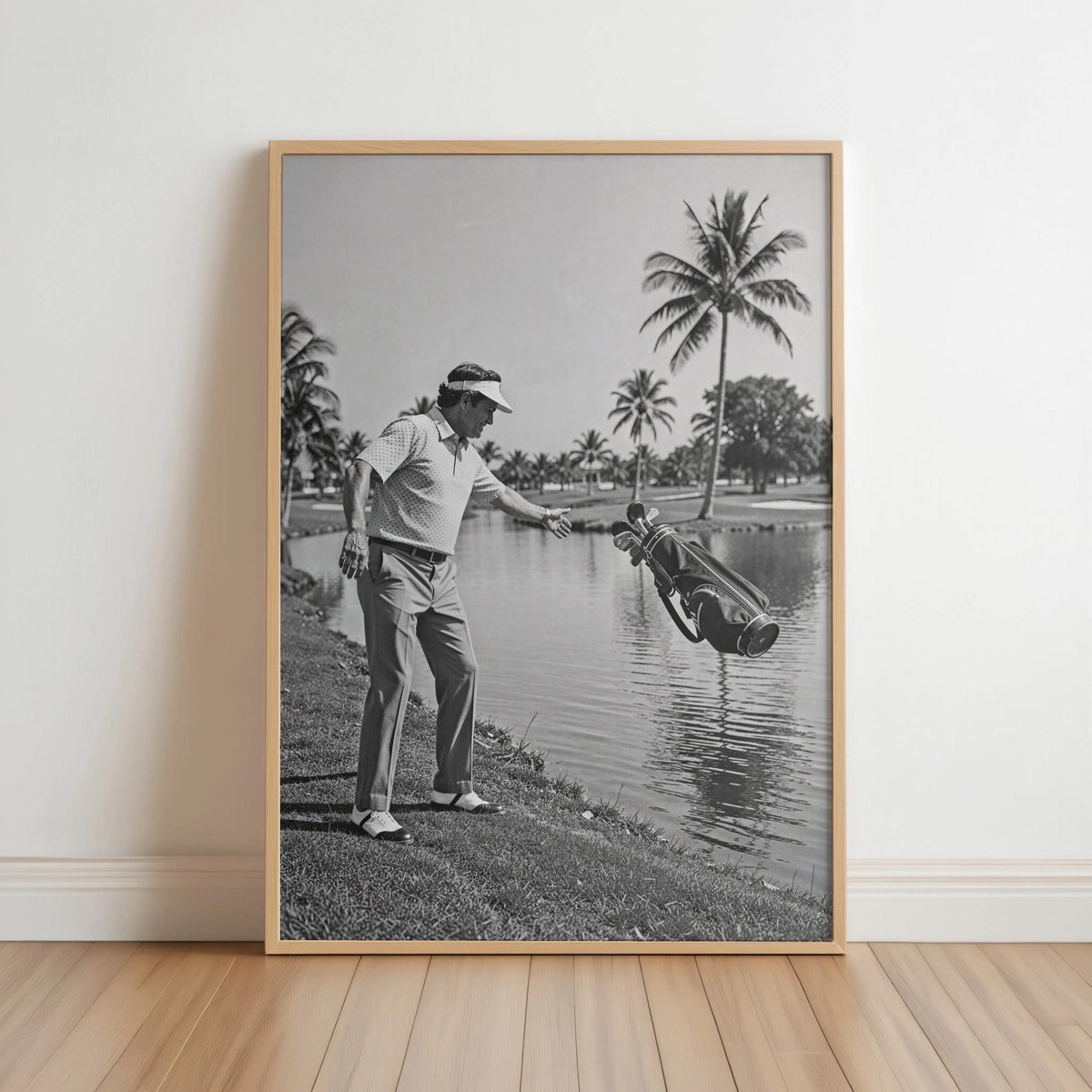 Funny Golf Wall Art Print, Angry Golfer Throwing Clubs into Water Pond, Humorous Black and White Sports Photography, Man Cave Decor Poster
