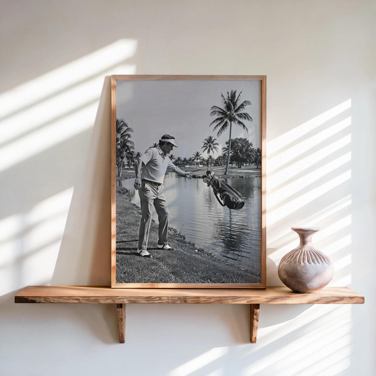 Funny Golf Wall Art Print, Angry Golfer Throwing Clubs into Water Pond, Humorous Black and White Sports Photography, Man Cave Decor Poster