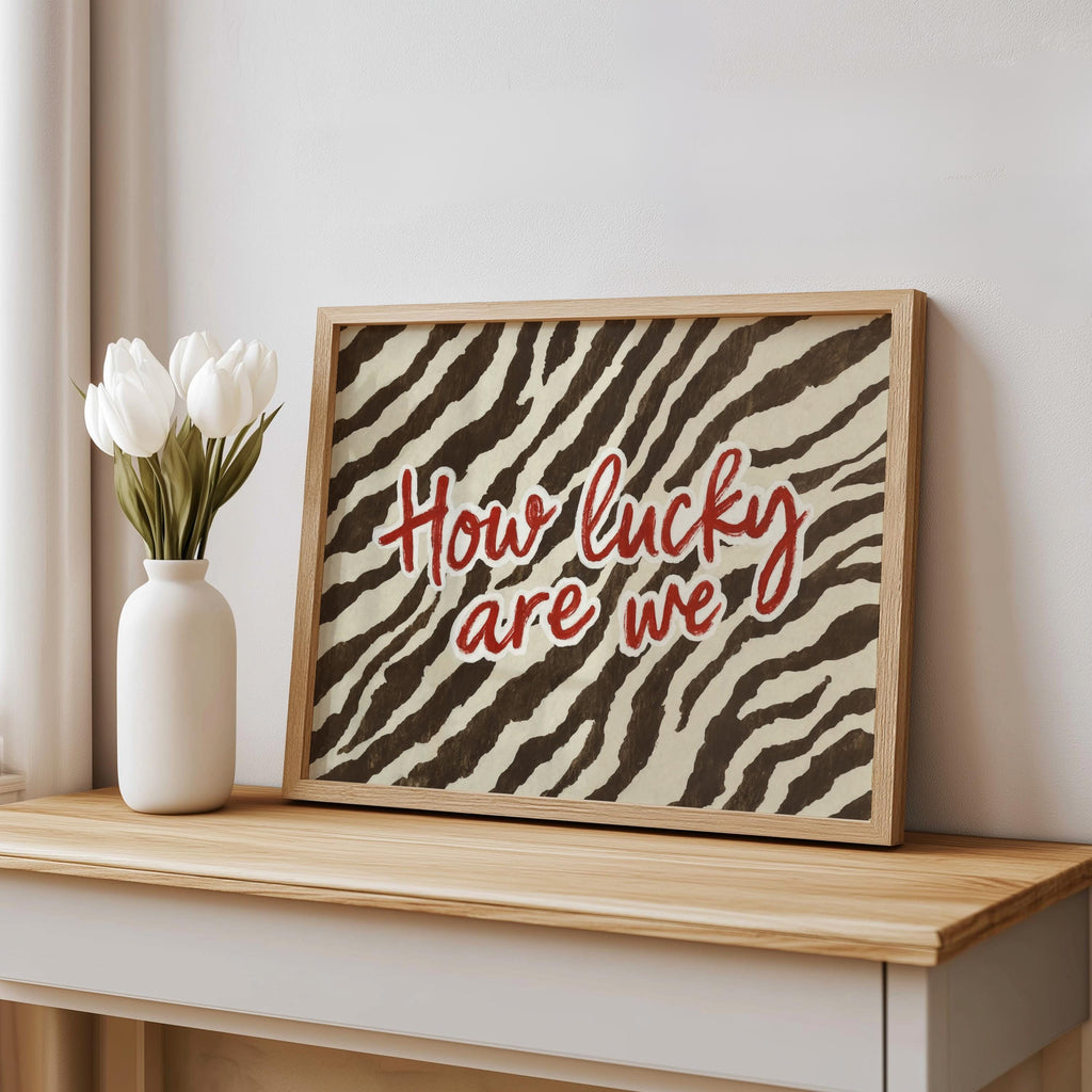 How Lucky Are We Trendy Zebra Wall Art, Preppy Quote Illustration, Red Typography Poster, Western Cowgirl Aesthetic, Animal Print Room Decor