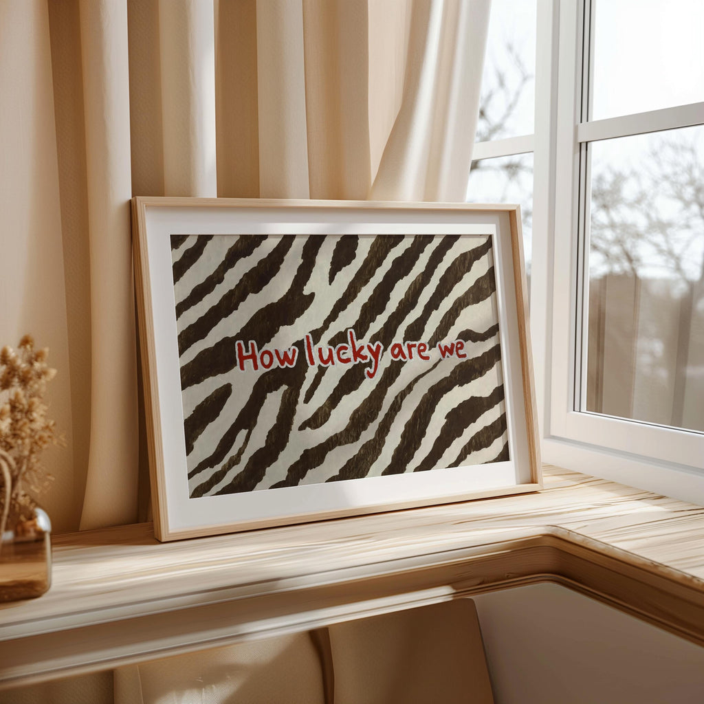 How Lucky Are We Quote Poster, Zebra Pattern Brown and White Print, Preppy Chic Typography Aesthetic Dorm Decor, Western Cowgirl Wall Art