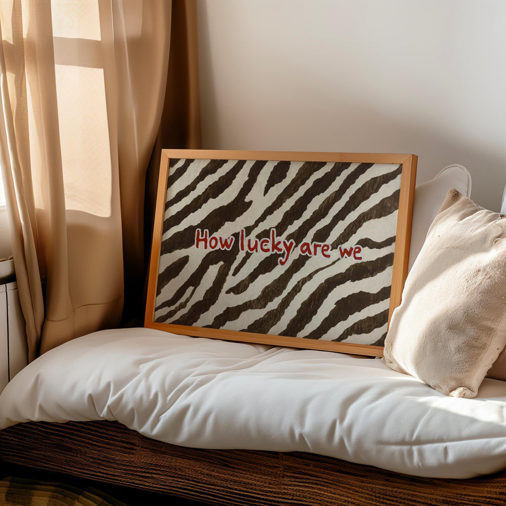 How Lucky Are We Quote Poster, Zebra Pattern Brown and White Print, Preppy Chic Typography Aesthetic Dorm Decor, Western Cowgirl Wall Art