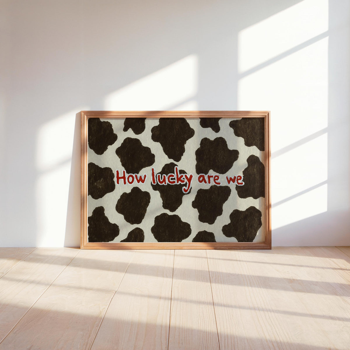 Cow Print Typography Wall Art, How Lucky Are We Quote Poster, Brown and White Farmhouse Pattern, Cute Western Animal Aesthetic Room Decor