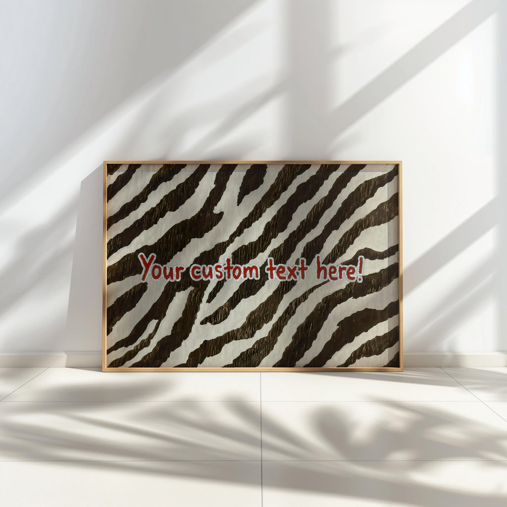 Personalized zebra print wall art propped on a low shelf, warm sunlight highlights brown and cream stripes