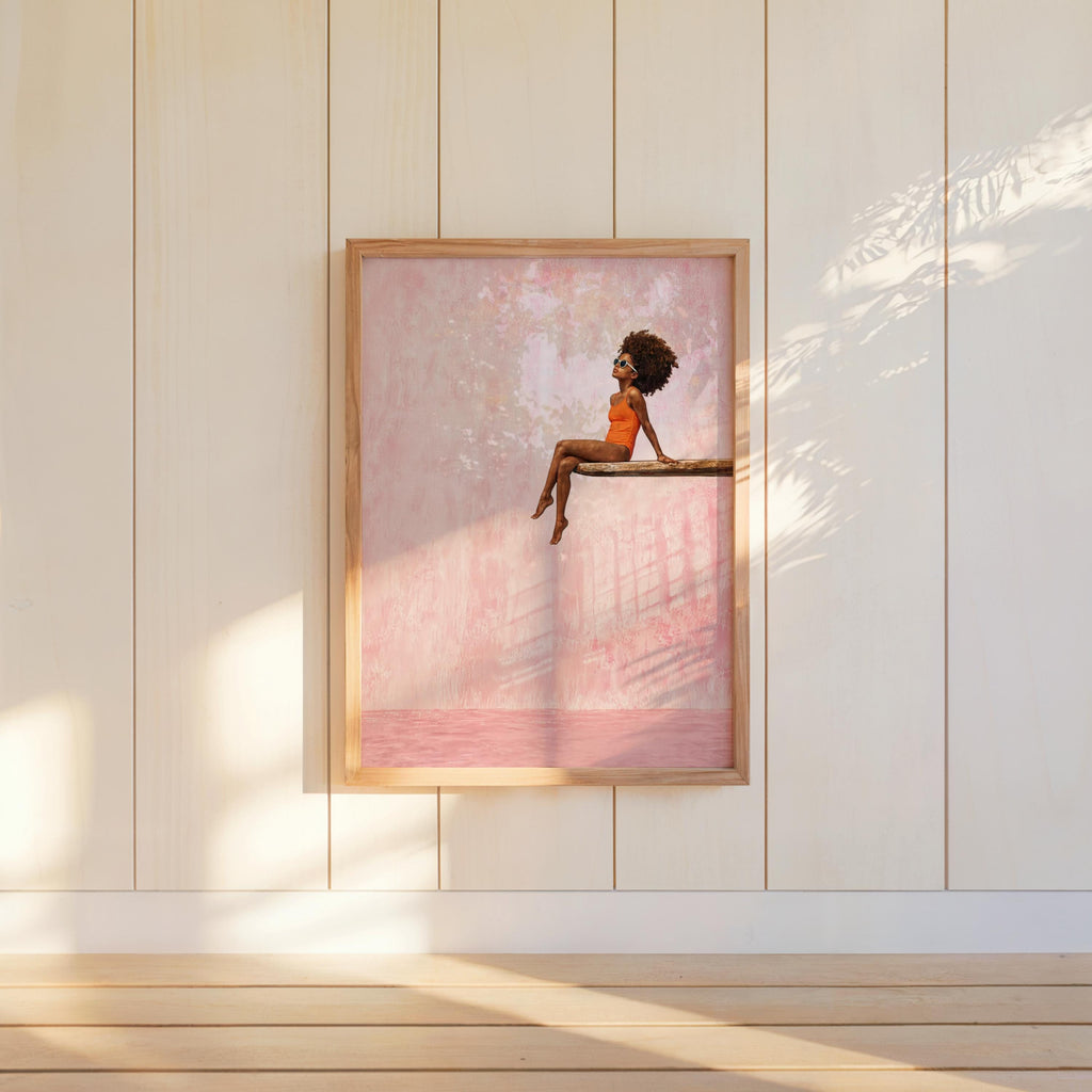 Black Girl Swimming Pool Art Print, Afrocentric Summer Wall Decor, Vibrant Diving Board Painting Poster, Minimalist Afro Hair Pop Art