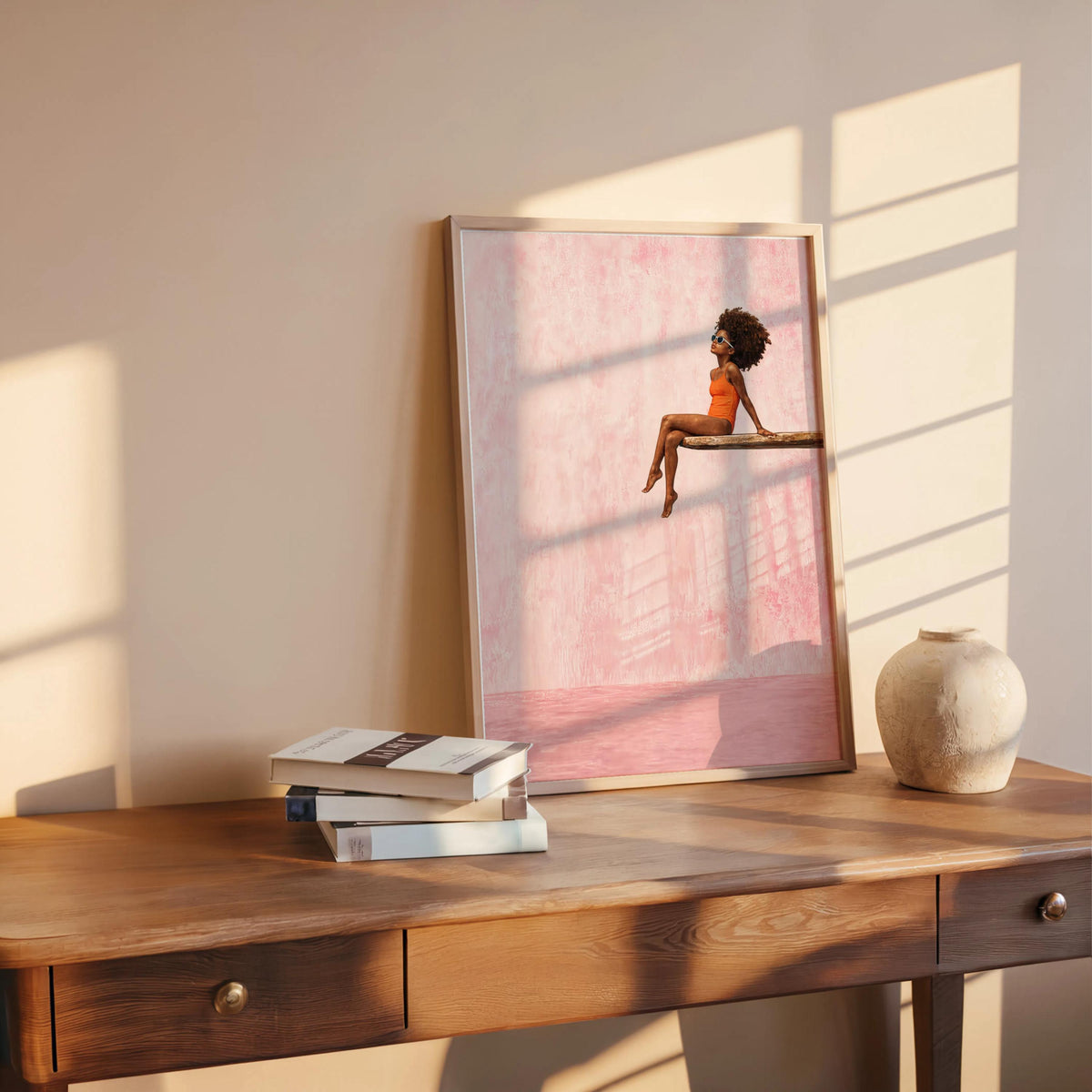 Black Girl Swimming Pool Art Print, Afrocentric Summer Wall Decor, Vibrant Diving Board Painting Poster, Minimalist Afro Hair Pop Art