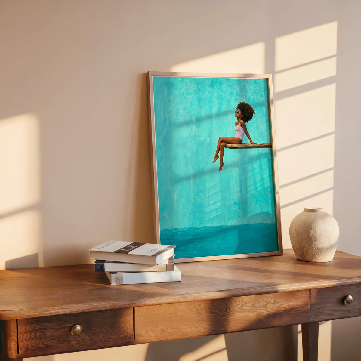 Black Girl Swimming Pool Art Print, Afrocentric Summer Wall Decor, Vibrant Diving Board Painting Poster, Minimalist Afro Hair Pop Art