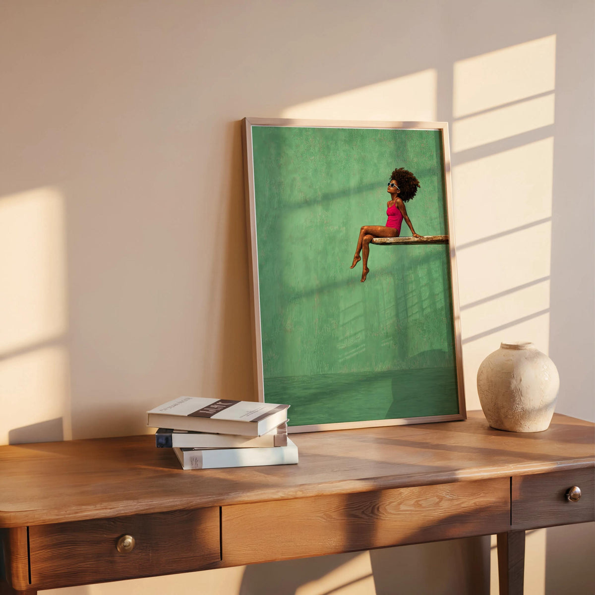 Black Girl Swimming Pool Art Print, Afrocentric Summer Wall Decor, Vibrant Diving Board Painting Poster, Minimalist Afro Hair Pop Art