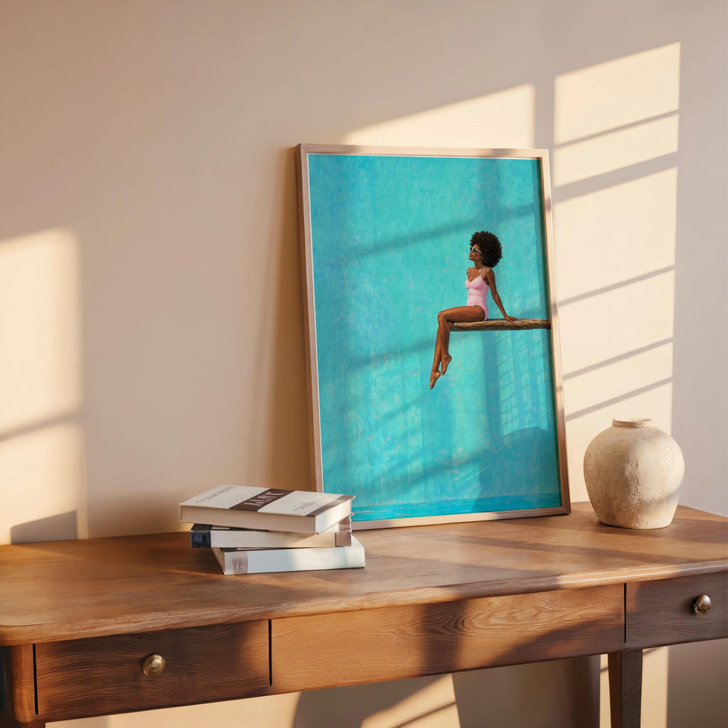 Afrocentric Poolside Wall Art, Black Woman on Diving Board Print, Vibrant Beach Summer Decor, Minimalist Pop Art Poster, Afro Hair Decor