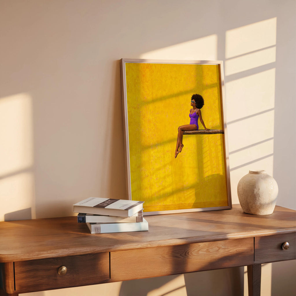 Afrocentric Poolside Wall Art, Black Woman on Diving Board Print, Vibrant Beach Summer Decor, Minimalist Pop Art Poster, Afro Hair Decor