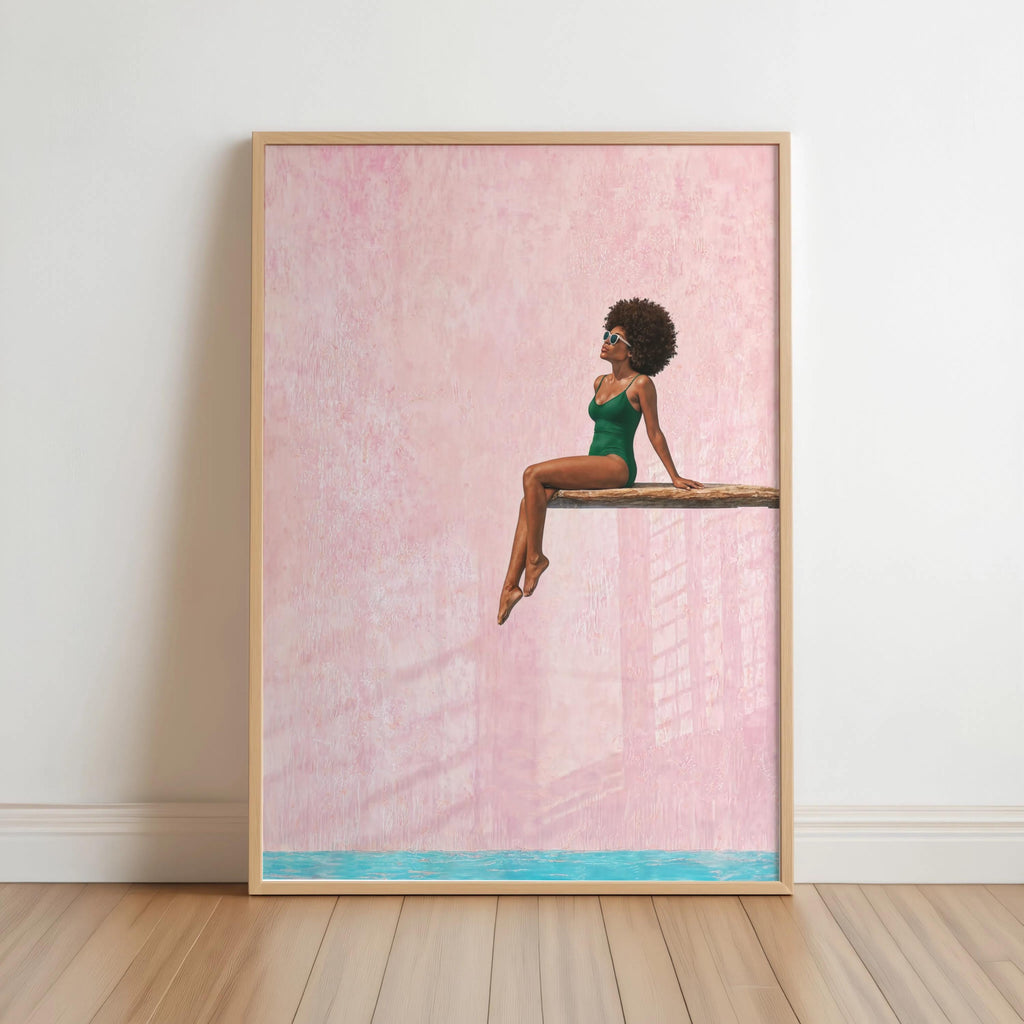 Afrocentric Poolside Wall Art, Black Woman on Diving Board Print, Vibrant Beach Summer Decor, Minimalist Pop Art Poster, Afro Hair Decor