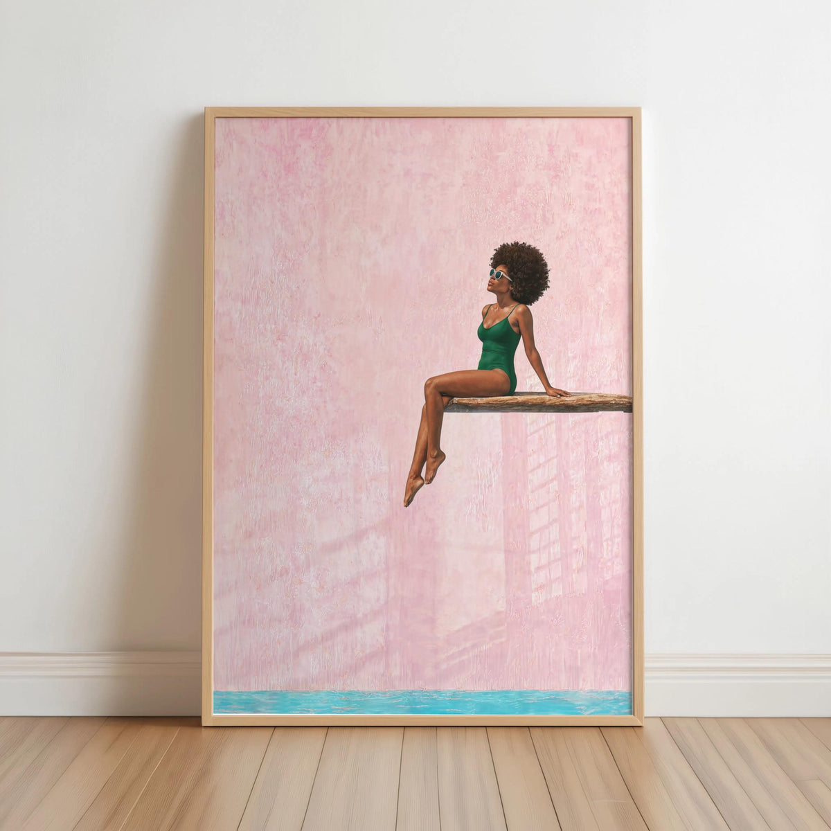 Afrocentric Poolside Wall Art, Black Woman on Diving Board Print, Vibrant Beach Summer Decor, Minimalist Pop Art Poster, Afro Hair Decor