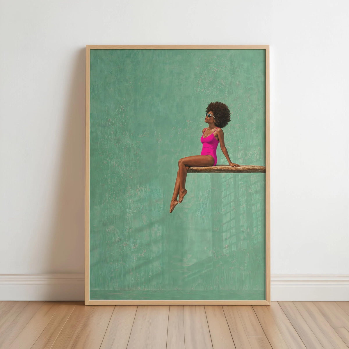 Afrocentric Poolside Wall Art, Black Woman on Diving Board Print, Vibrant Beach Summer Decor, Minimalist Pop Art Poster, Afro Hair Decor