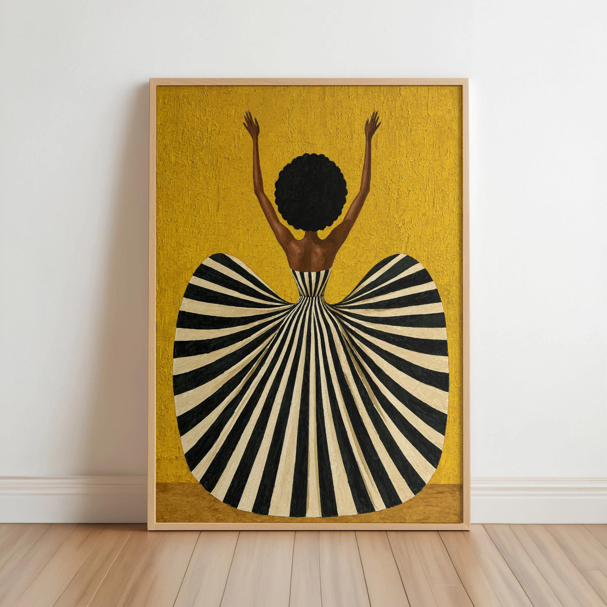 Black Woman in Striped Dress Art Print, Afrocentric Dancer Wall Decor, Vibrant Fashion Poster, Modern Mid Century African American Decor