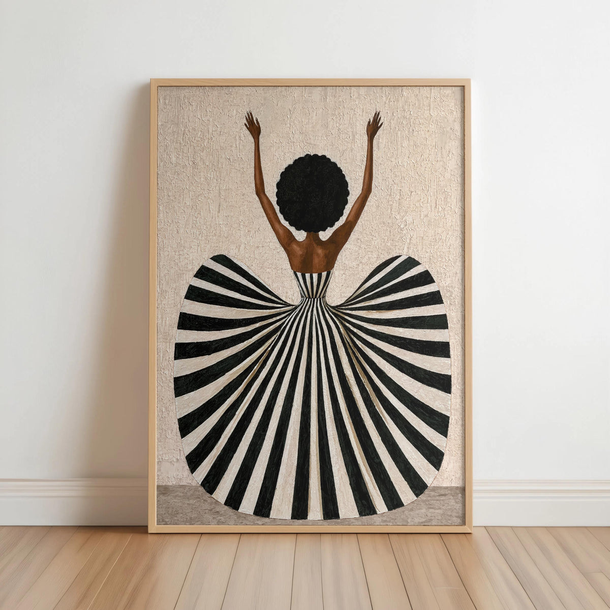 Black Woman in Striped Dress Art Print, Afrocentric Dancer Wall Decor, Vibrant Fashion Poster, Modern Mid Century African American Decor