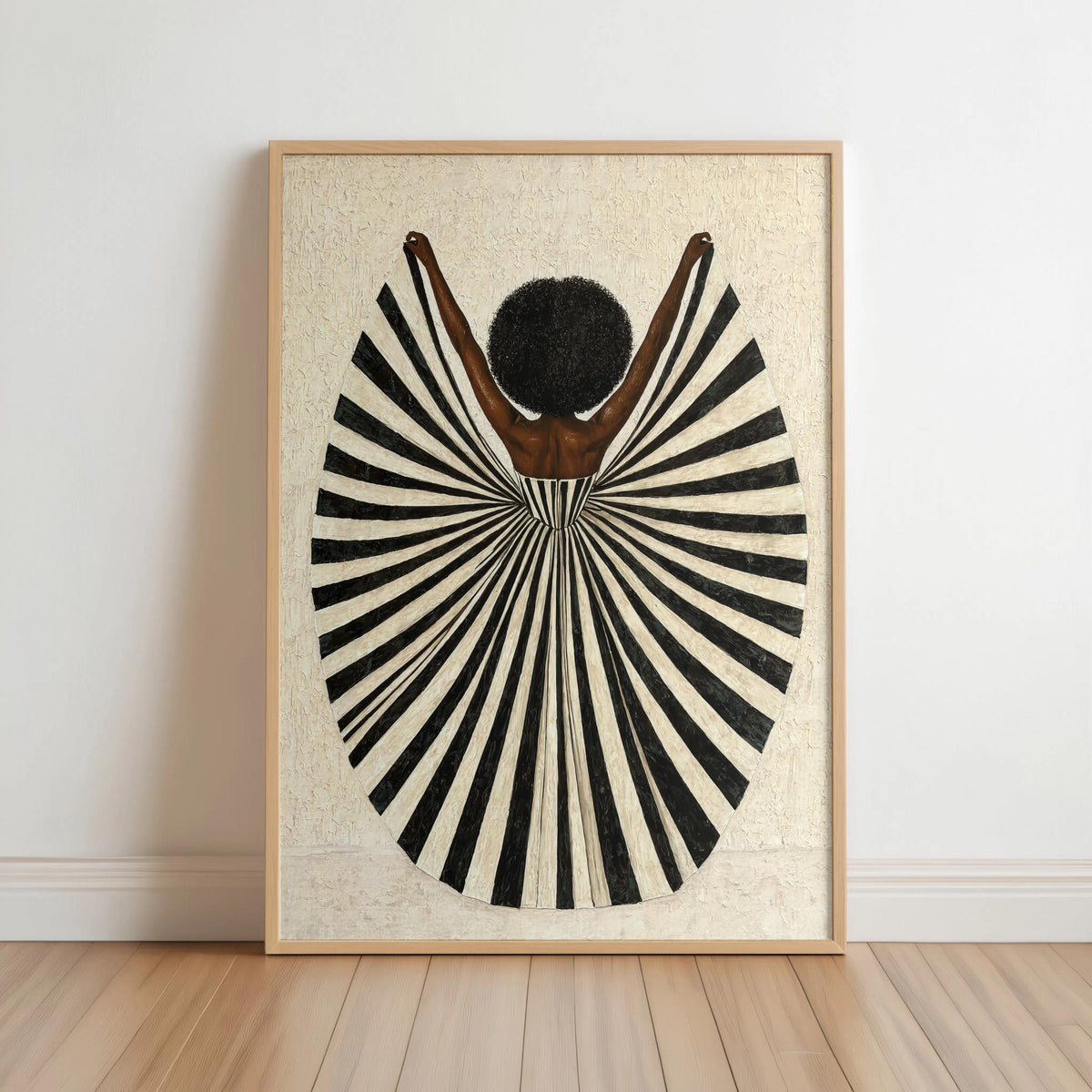 Cream speckled background framed print, graphic fan-shaped dress and afro silhouette, abstract black woman wall art