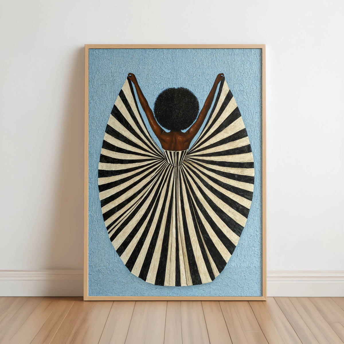 Powder blue framed print, geometric fan dress and rounded afro, modern afrocentric decor, abstract black woman wall art