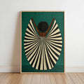 Framed emerald background, bold black-and-cream fan dress with rounded afro, abstract black woman wall art