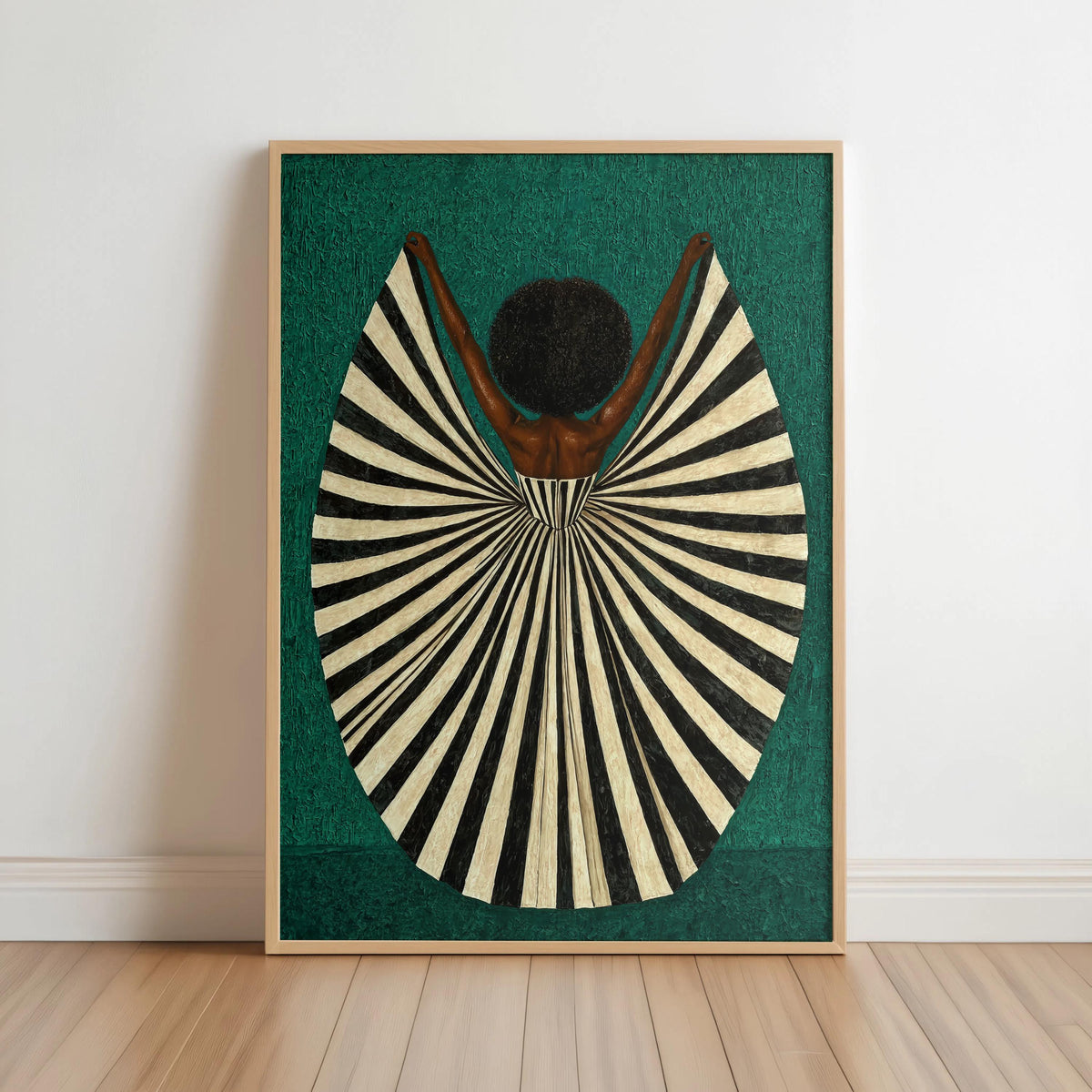 Framed emerald background, bold black-and-cream fan dress with rounded afro, abstract black woman wall art