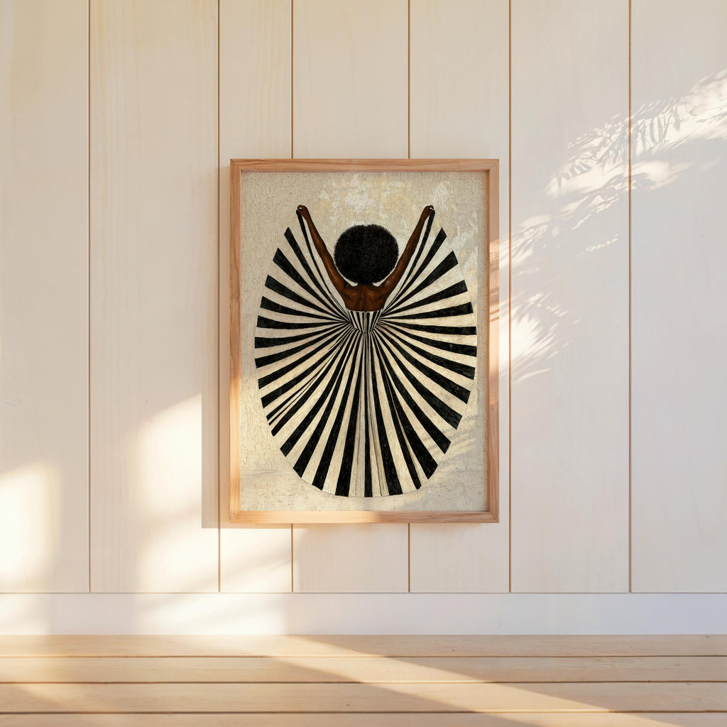 Neutral cream print propped on shelf, minimalist styling with rounded afro silhouette, black beauty wall art, abstract black woman wall art