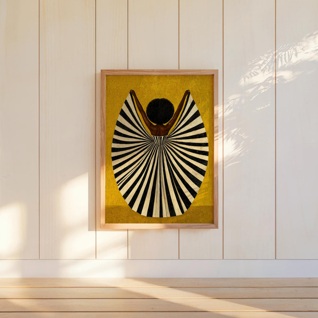 Mustard framed artwork on wood shelf, bold colorful wall art with graphic stripes, modern afrocentric decor, abstract black woman wall art