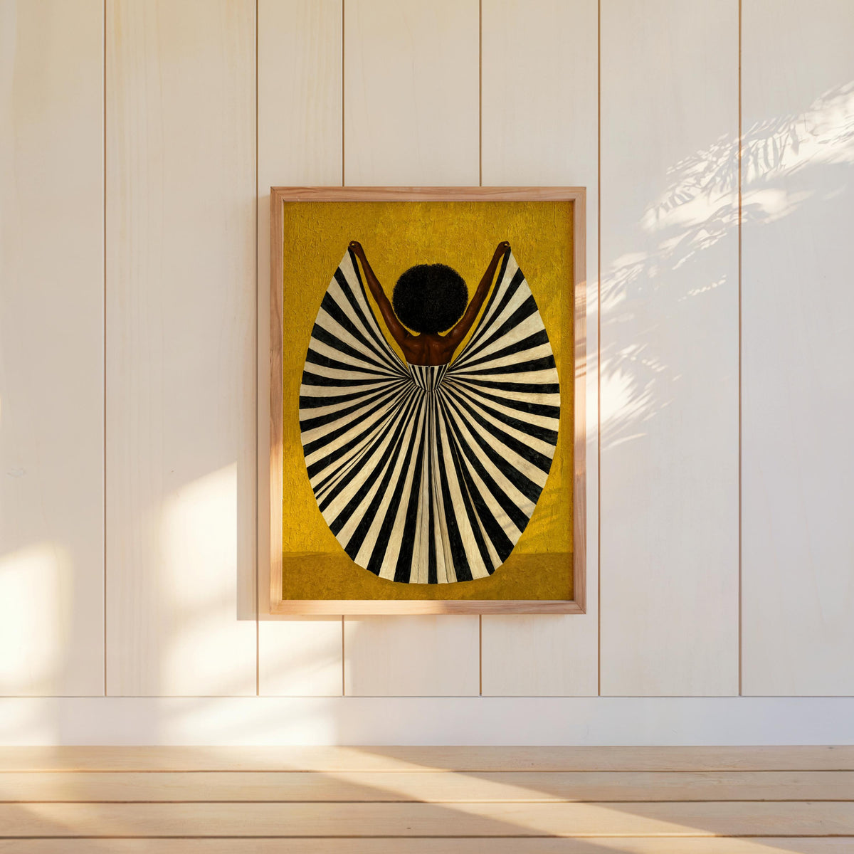 Mustard framed artwork on wood shelf, bold colorful wall art with graphic stripes, modern afrocentric decor, abstract black woman wall art