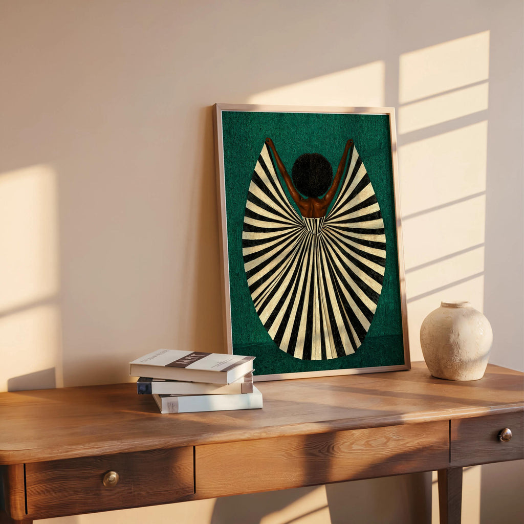 Deep green framed print on wood shelf, bold symmetrical fan dress, african american wall art and abstract black woman wall art
