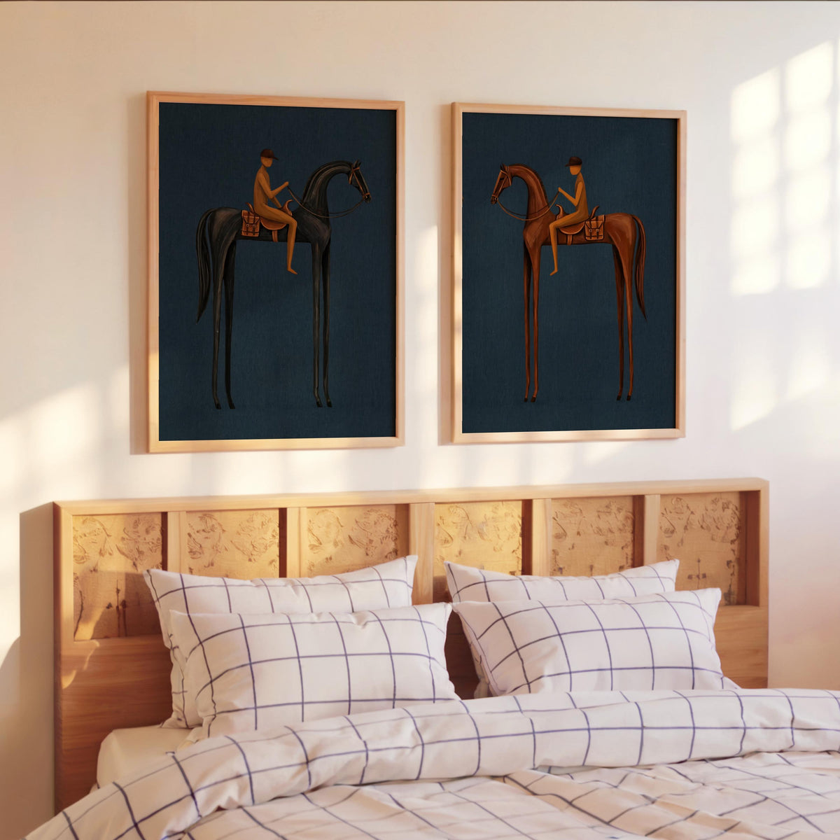 Blue Equestrian Print Set of 2, Navy Mid Century Modern Horse Wall Art, Vintage Jockey Painting, Neutral Surreal Minimalist Western Rider