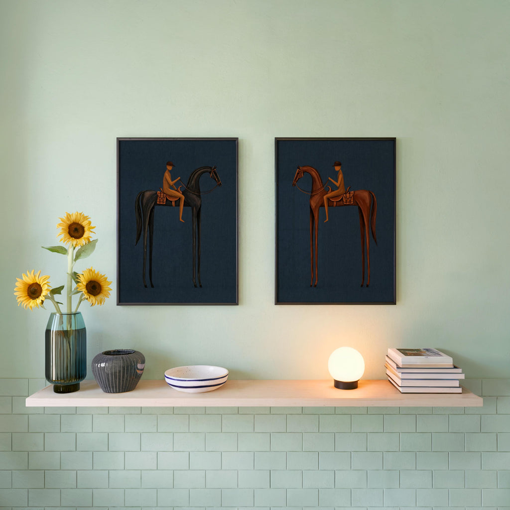Blue Equestrian Print Set of 2, Navy Mid Century Modern Horse Wall Art, Vintage Jockey Painting, Neutral Surreal Minimalist Western Rider