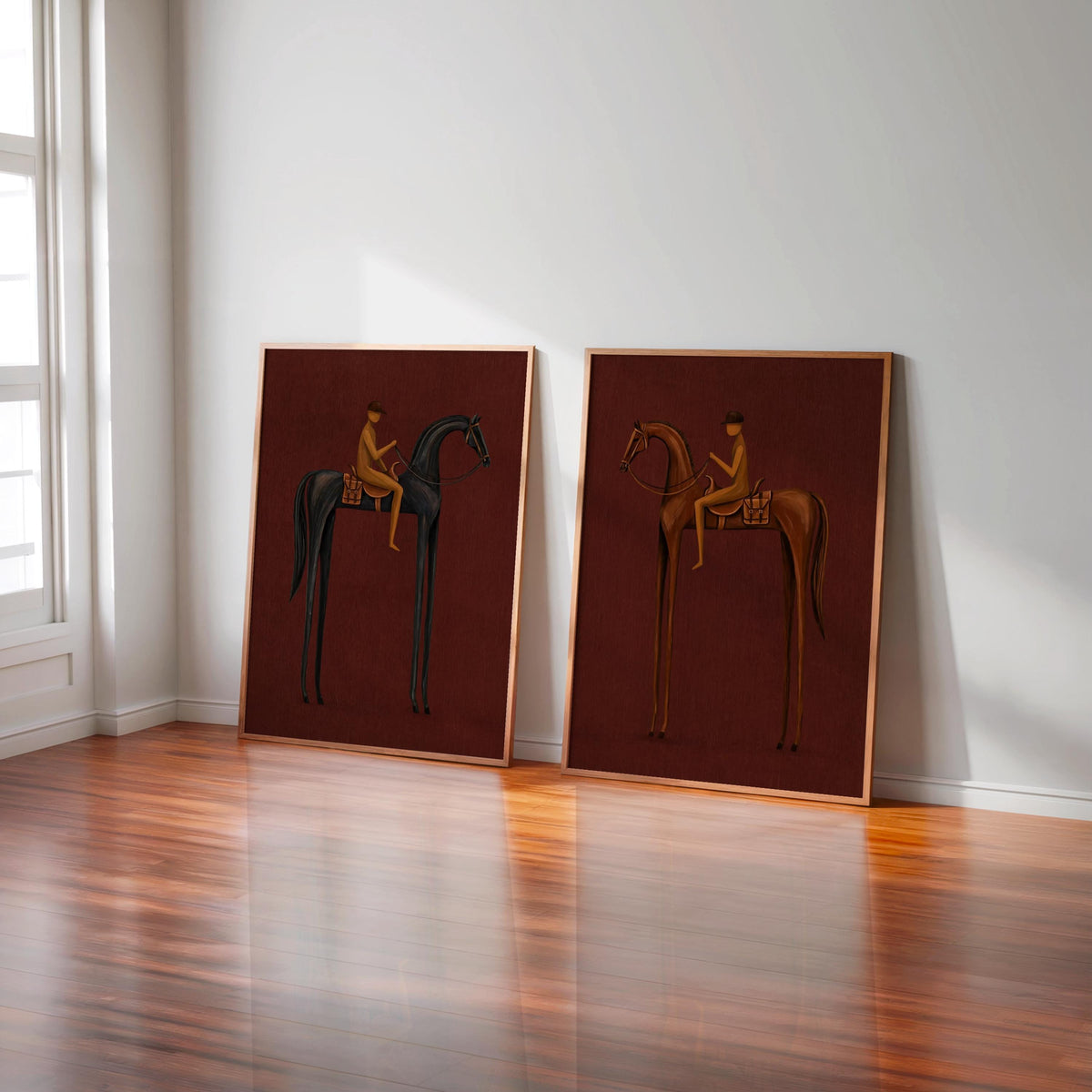 Surreal horse wall art pair on hardwood floor, rich burgundy riders, ideal horse lover gift and decor