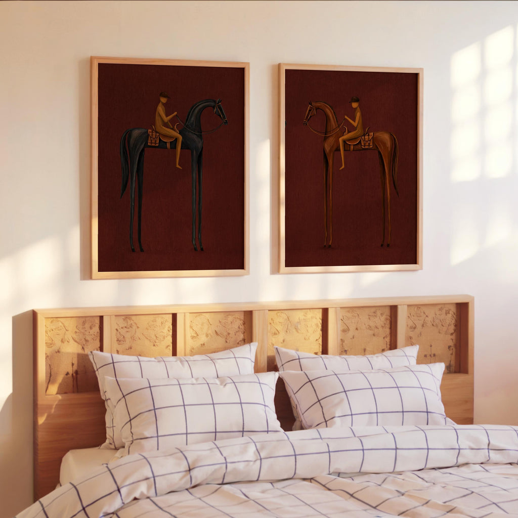 Surreal horse wall art diptych hung over bed, burgundy horse wall art, vintage jockey wall art vibe