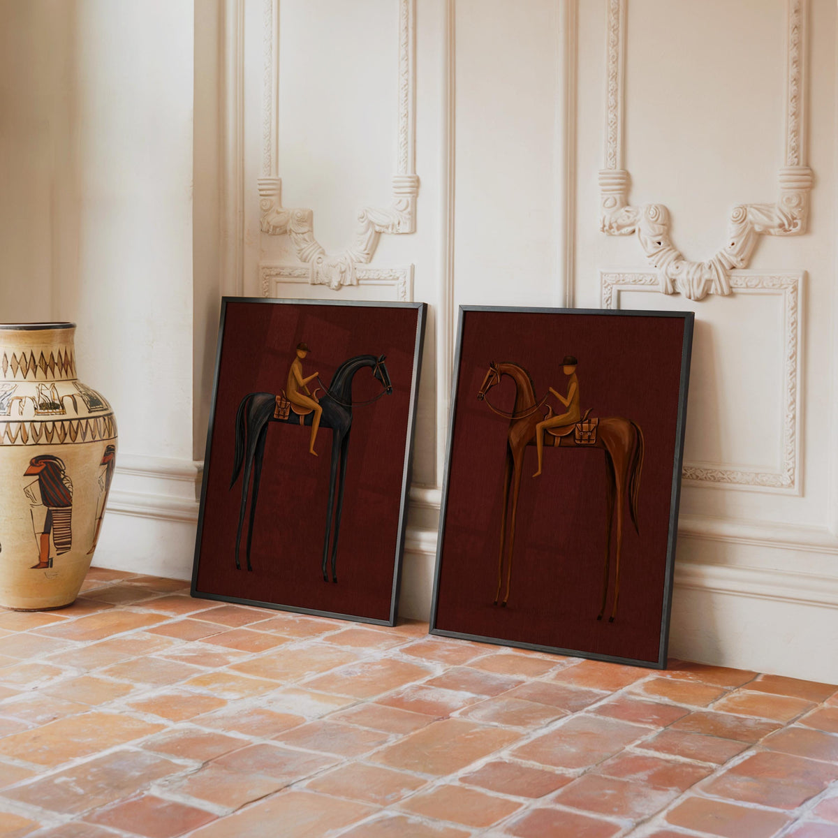 Two prints leaning by ornate molding and ceramic vase, abstract equestrian art with mid century horse art mood