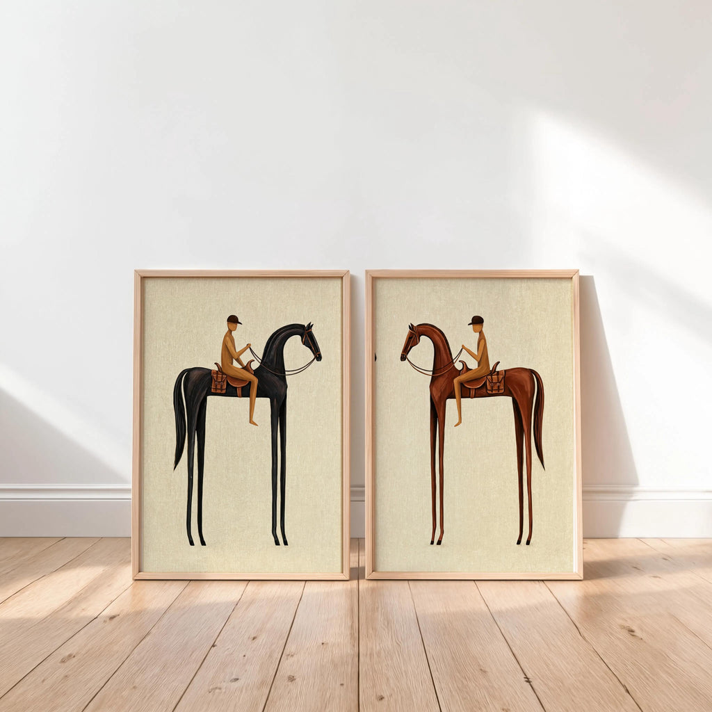 Beige Equestrian Print Set of 2, White Mid Century Modern Horse Wall Art, Vintage Jockey Painting, Neutral Surreal Minimalist Western Rider