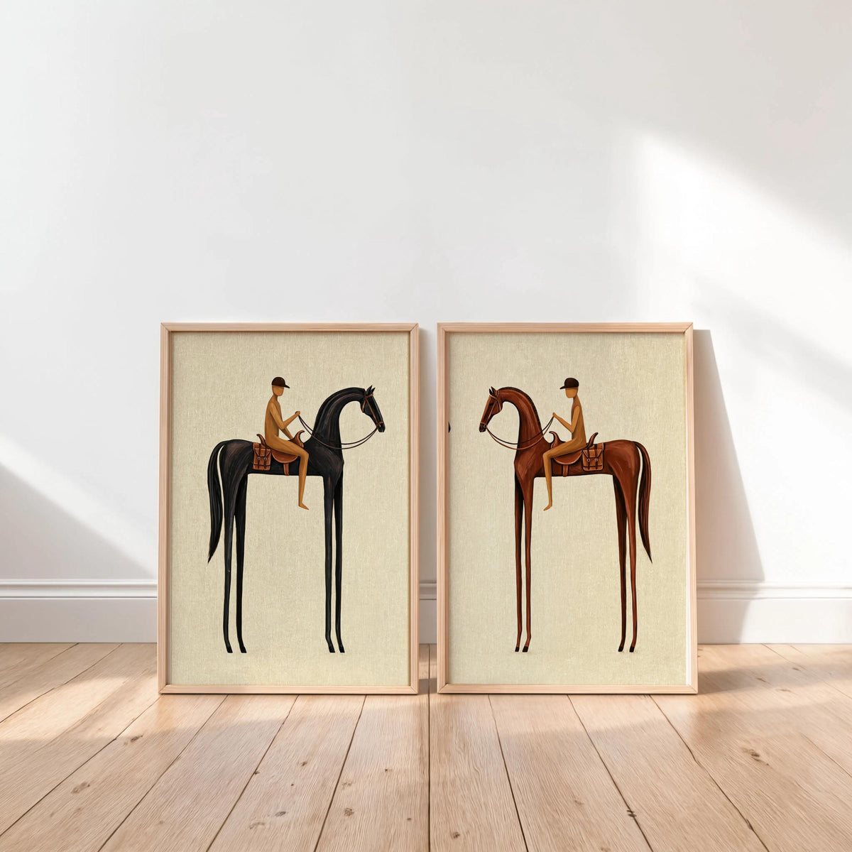 Beige Equestrian Print Set of 2, White Mid Century Modern Horse Wall Art, Vintage Jockey Painting, Neutral Surreal Minimalist Western Rider