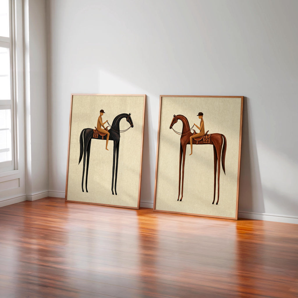 Beige Equestrian Print Set of 2, White Mid Century Modern Horse Wall Art, Vintage Jockey Painting, Neutral Surreal Minimalist Western Rider