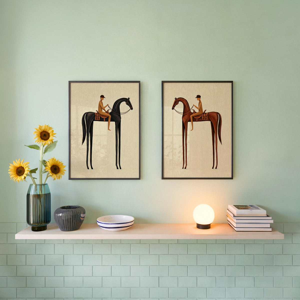 Beige Equestrian Print Set of 2, White Mid Century Modern Horse Wall Art, Vintage Jockey Painting, Neutral Surreal Minimalist Western Rider