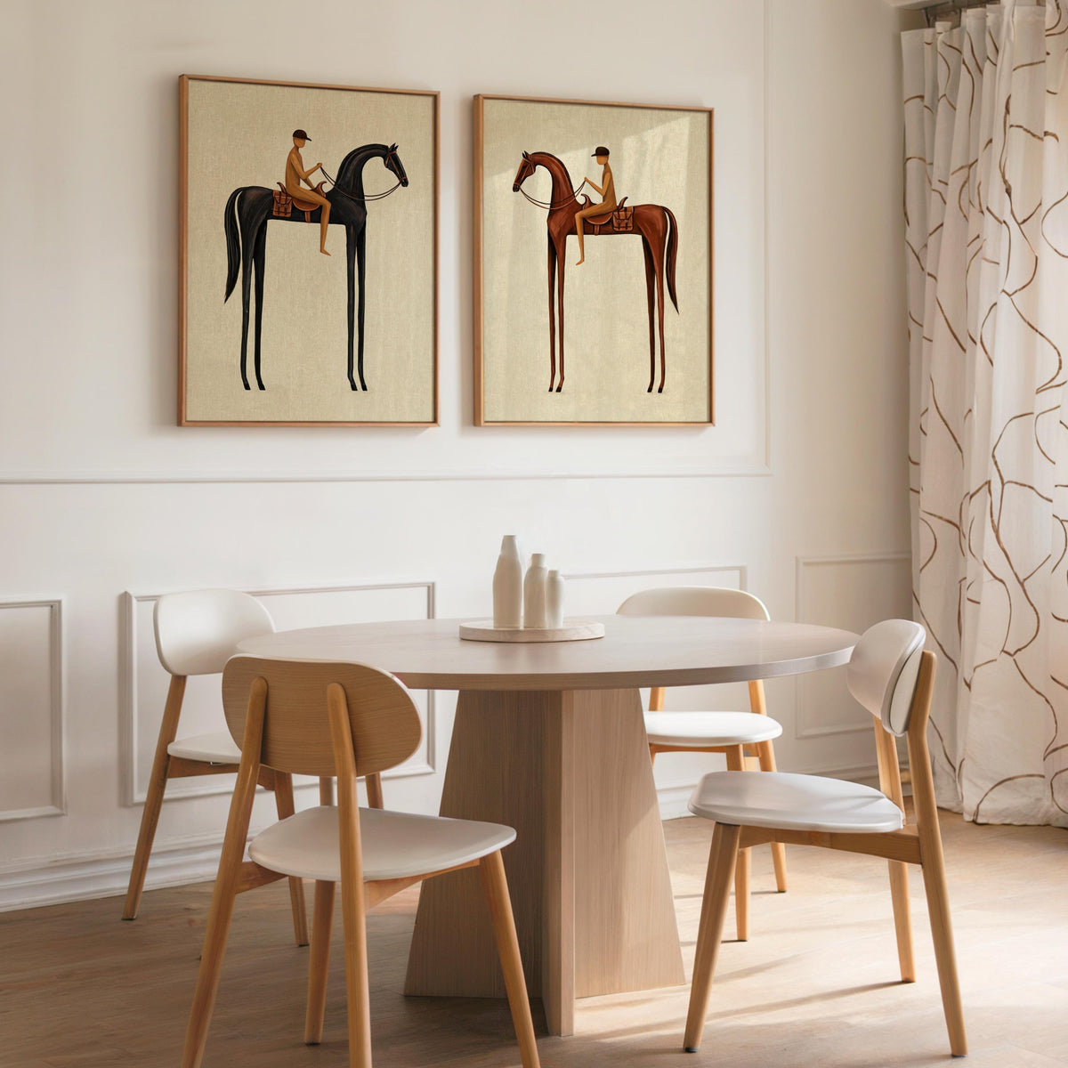 Beige Equestrian Print Set of 2, White Mid Century Modern Horse Wall Art, Vintage Jockey Painting, Neutral Surreal Minimalist Western Rider