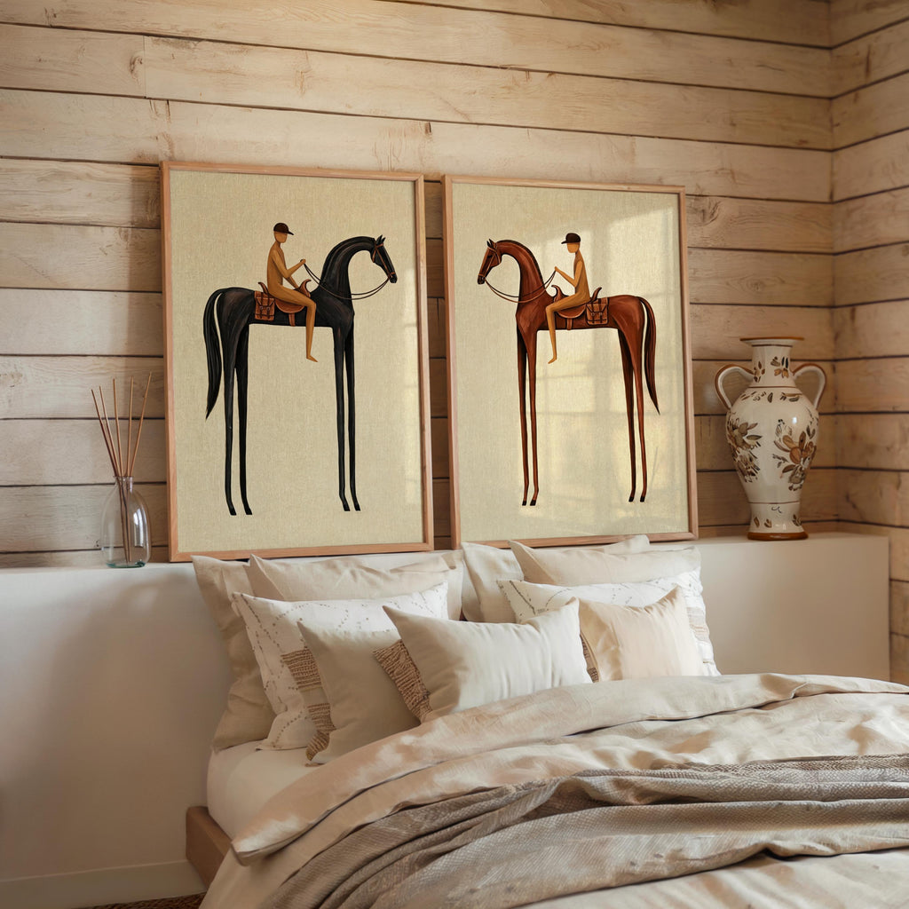 Beige Equestrian Print Set of 2, White Mid Century Modern Horse Wall Art, Vintage Jockey Painting, Neutral Surreal Minimalist Western Rider