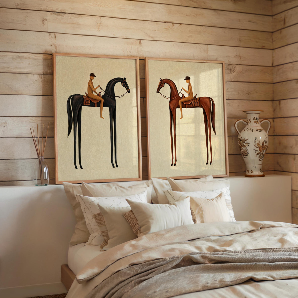 Beige Equestrian Print Set of 2, White Mid Century Modern Horse Wall Art, Vintage Jockey Painting, Neutral Surreal Minimalist Western Rider